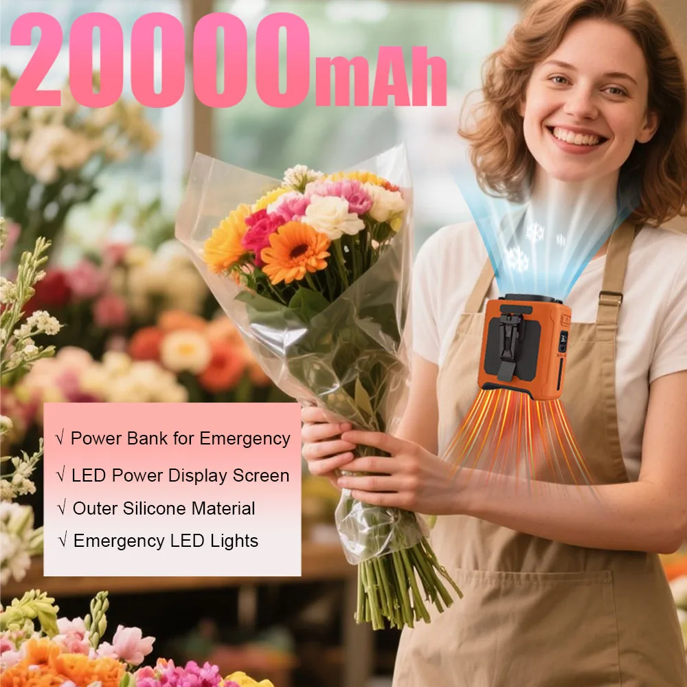 

Портативный поясной вентилятор емкостью 20000 мАч с 5 скоростями. Двусторонний зажим на ремне. Персональный вентилятор с фонариком и внешним аккумулятором.
