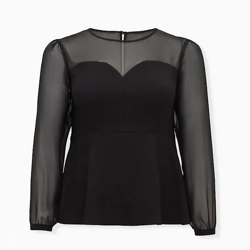 Blusa Peplum de manga chiffon longa para mulheres, blusa preta de escritório, plus size, tamanho grande, 5XL, 6XL, moda elegante, trabalho, verão, primavera