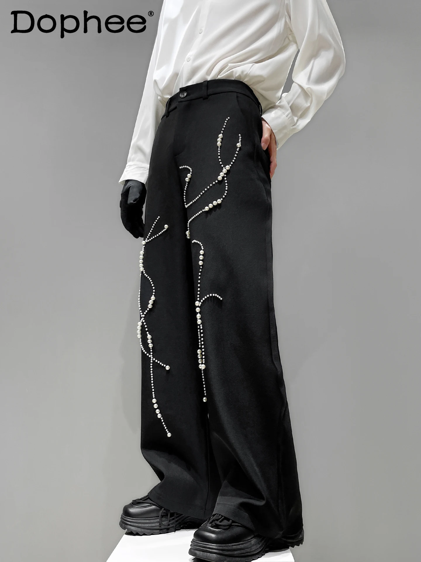 

Japanese Original Fashion Trendy Design Pearl Beaded Black Trousers Stylish Men's Loose Straight Wide-Leg Casual Long Pants