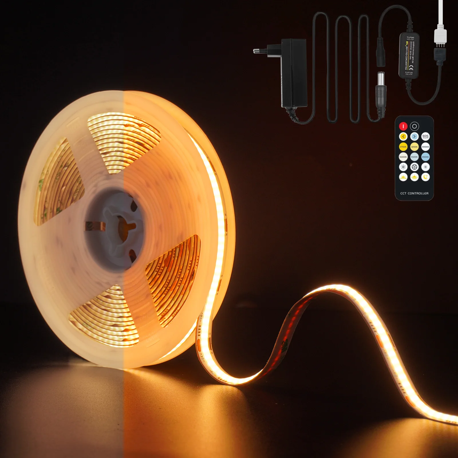 

COB CCT LED Strip Lights 2700K to 6500K Dual White 24V 576LEDs/m High Density Flexible Dimmable Led Tape Changeable White Light
