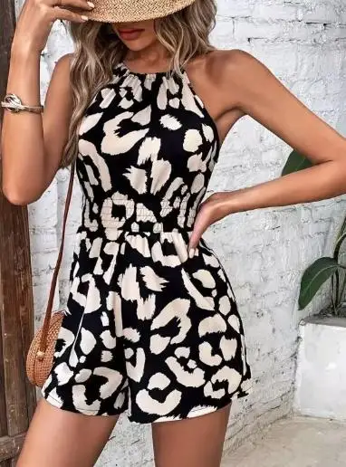

Sexy Jumpsuit for Womens 2025 Ladies' Summer New Fashionable Printed Waistband Slimming Sleeveless Hanging Neck Strap Jumpsuit
