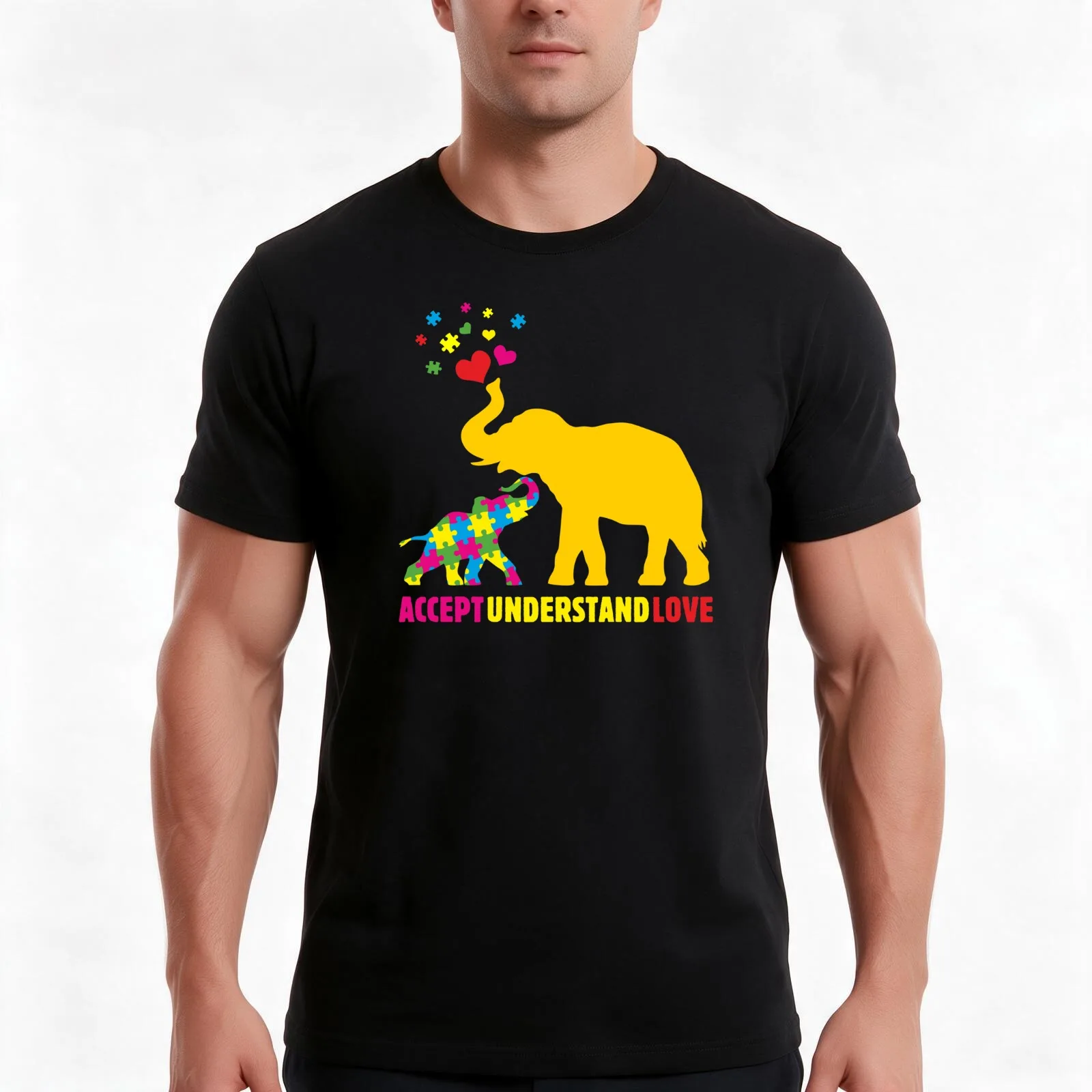 Autism Awarenesses Elephant Mom Accept Understand Love Cute Hearts Gift T-Shirt Summer Casual Cotton Tee Vintage Graphic Print