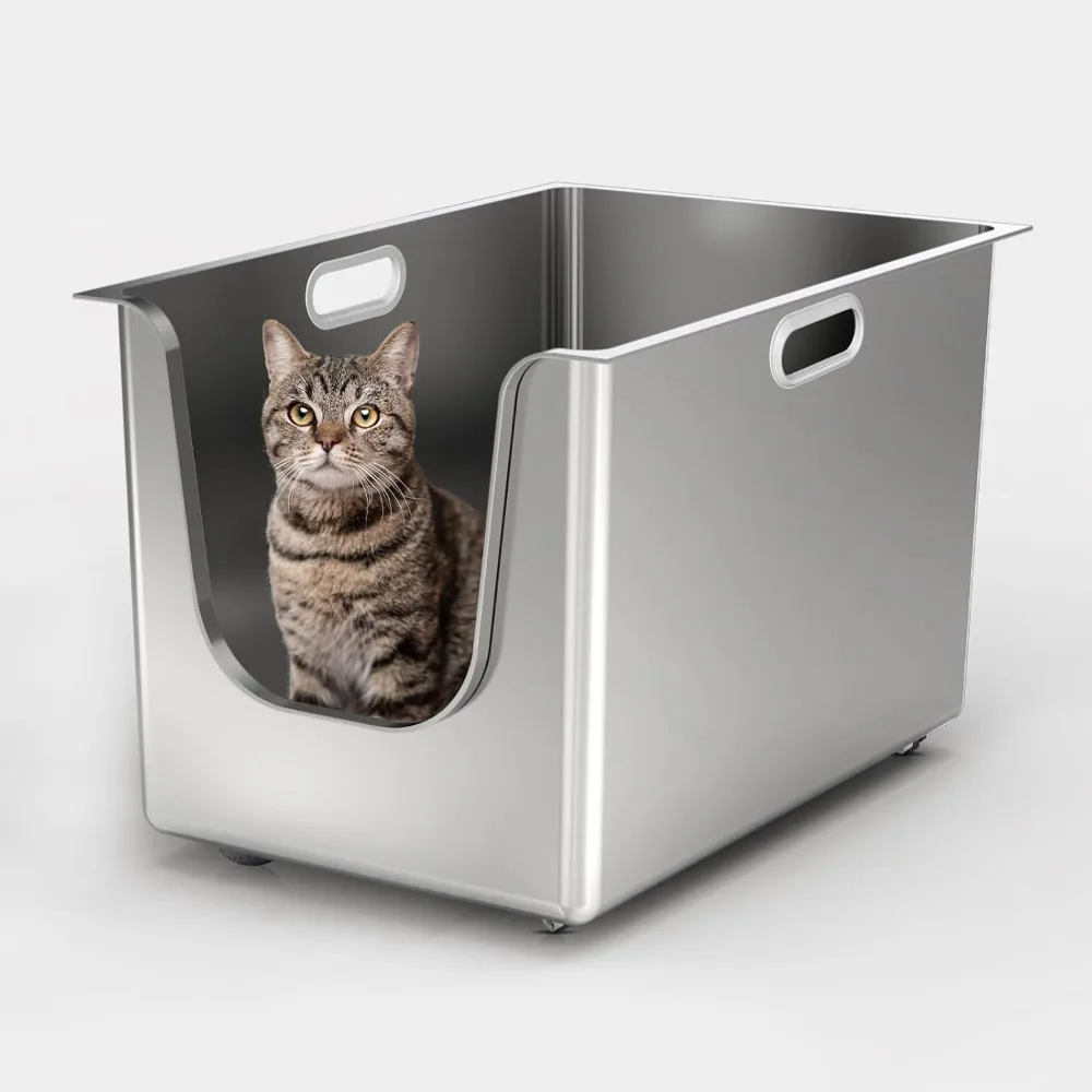 

Stainless Steel Cat Litter Box with High Sides Low Entry Large Metal Litter Pan for Multiple Cats Wheels for Easy Moving