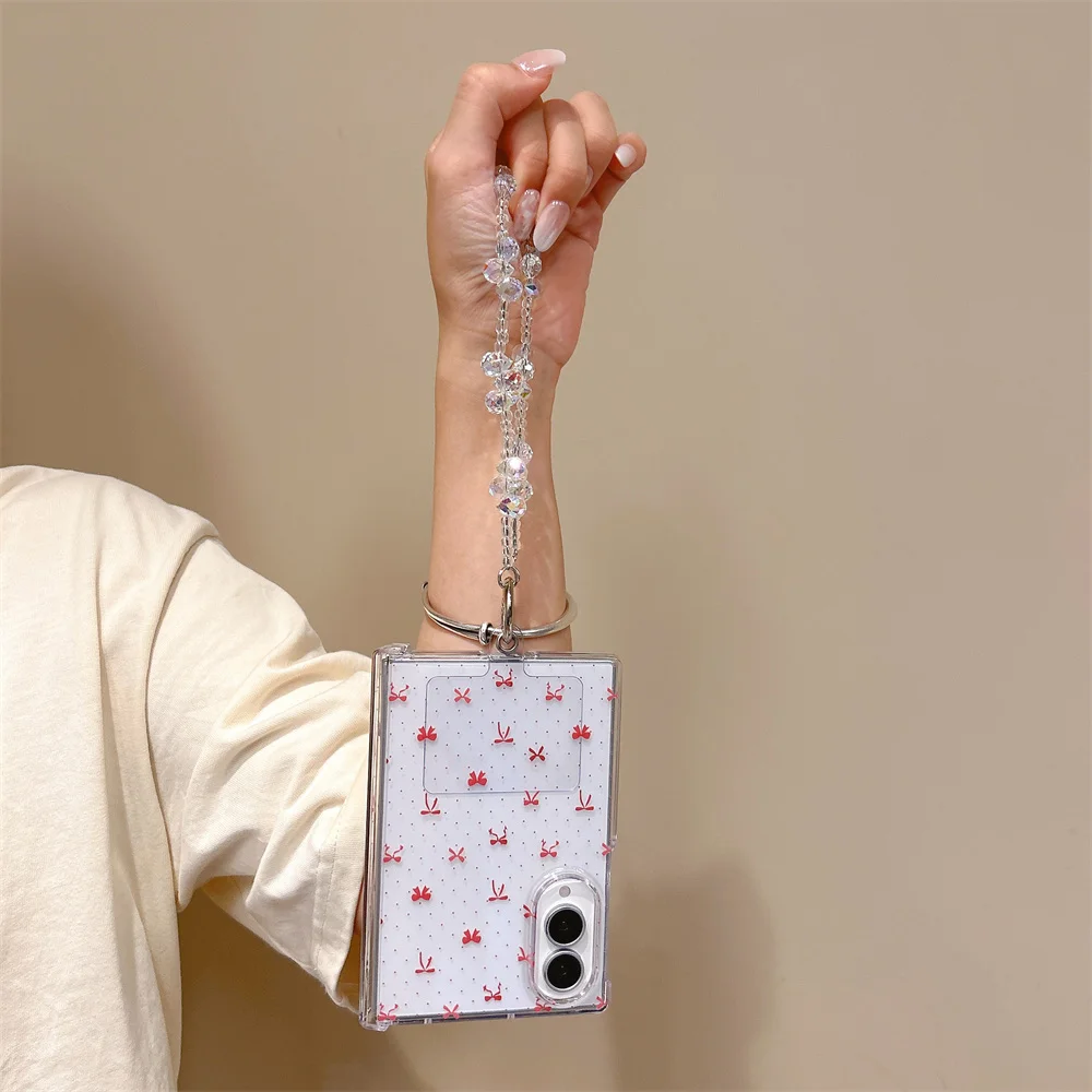 Design White Dots Red Bow Print Cover Phone Case For Samsung Galaxy Z Fold 8 Bead Wrist Lanyard Shockproof Hard Phone Protective