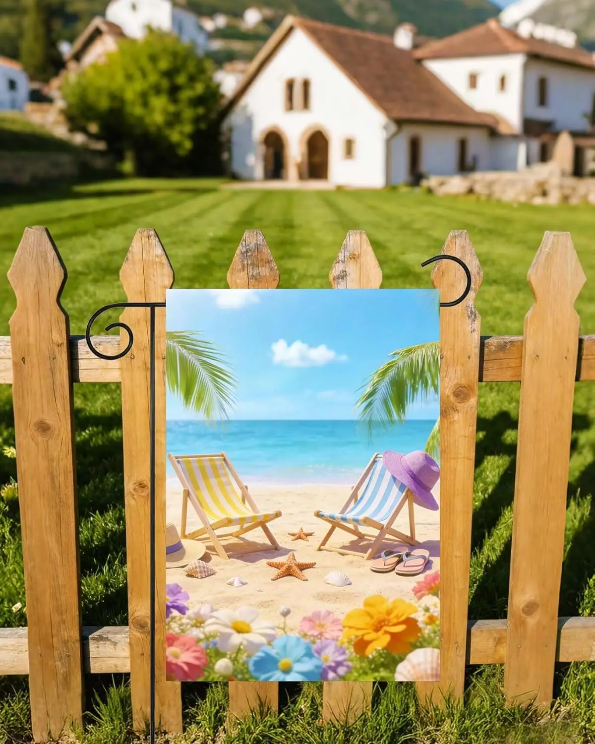 Beach Chairs Hat Flip Flops Palm Trees Summer Floral Flowers Garden Flag 12x18 Inch Small Vertical Double Sided Seasonal Out kkz
