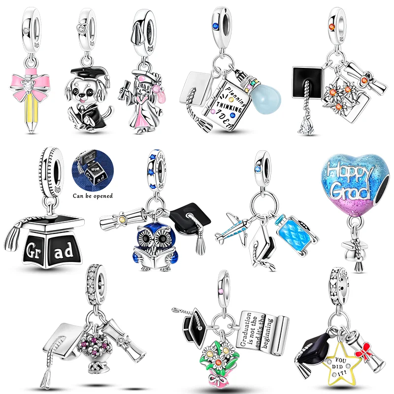 Pingentes de Prata Esterlina 925 da Série Formatura: Chapéu de Formatura, Lápis e Coruja, Compatíveis com Pulseiras Originais, Presente DIY para Mulheres