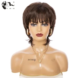 Short Brown Mullet Straight Hair Synthetic Wig With Bangs For Women Shaggy Layered Fluffy Hair 80s Rocker Cosplay Daily Use Wigs