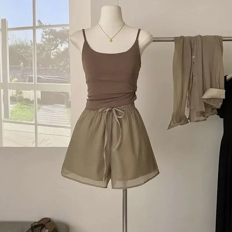 

Women's Short Sets 3 Pieces Plain Shirts & Blouses Female Shorts Sun Protection Tank Top Beach Novelties Kit Korean Style Full