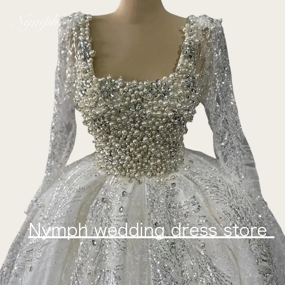 Glamorous Pearls Crystal Wedding Dresses Sequins Long Sleeves Bride Gowns Beaded Princess Customize Bridal Dress Robes De Mariée