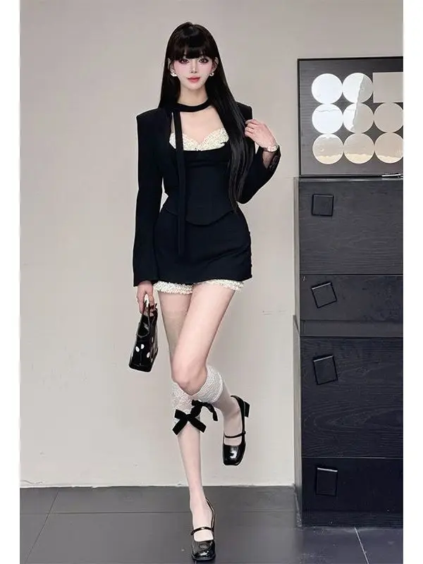 

Retro High-Quality Suit Jacket Strap Top Bodycon Skirt Three-Piece Set Autumn Winter New Women's Fashion Casual Style