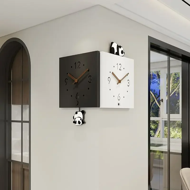 New Metal Square Silent Wall Clock Solid Color Swingable Panda Living Room Corner Wall Clock Wood Pointer Simple H