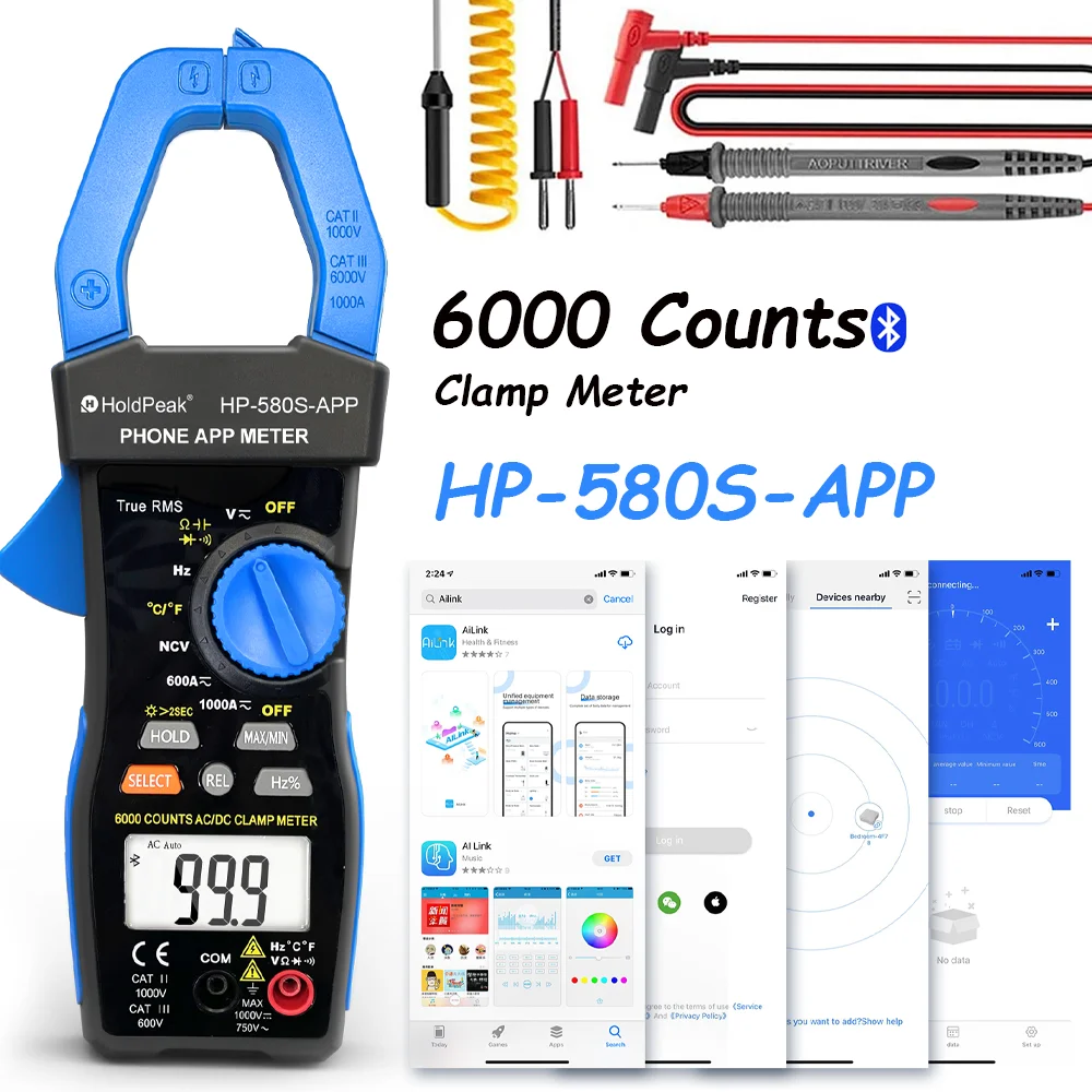 HP-580S-APP Digital AC/DC Clamp Multimeter With Bluetooth Connectivity 45mm Jaw Opening Data Hold Electrotechnical Instruments