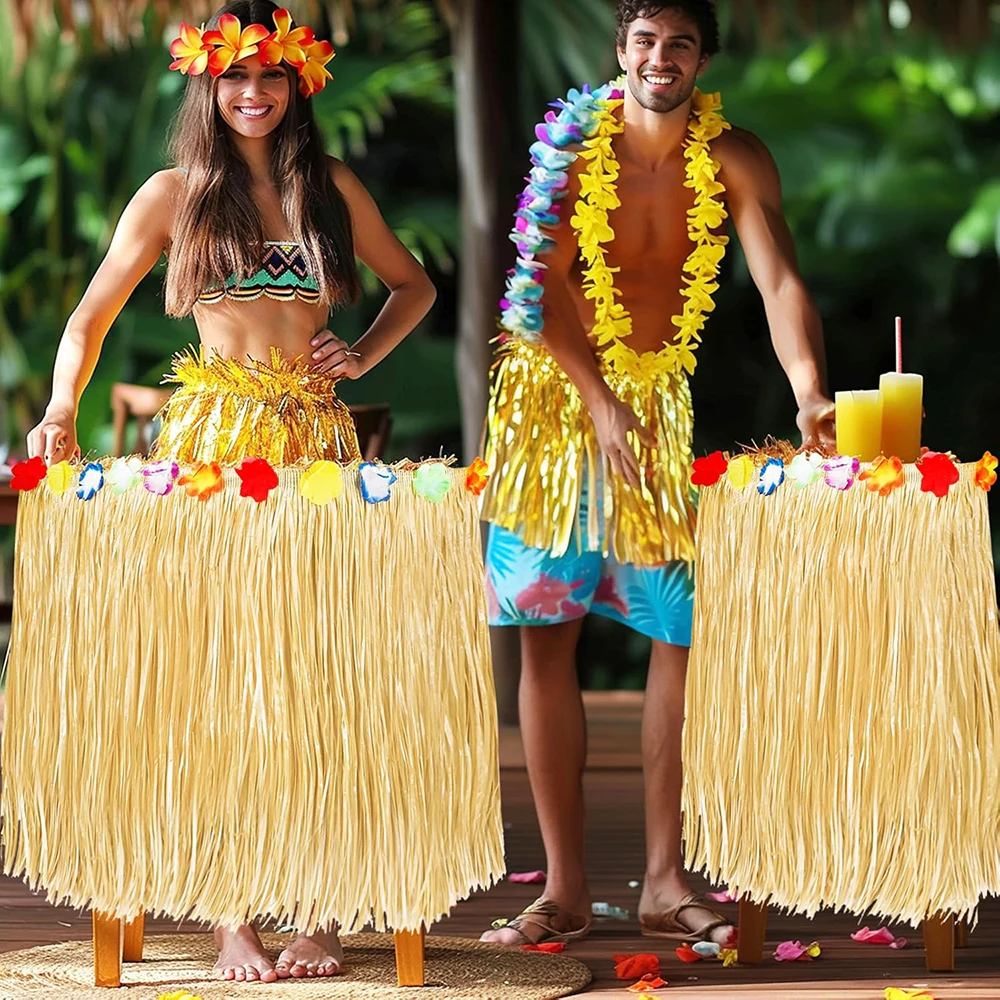 Hawaiian Straw Table Skirt Tropical Luau Grass Table Skirt Hawaiian Sea Beach Hula Party Decor Wedding Birthday Party Decoration - view 5