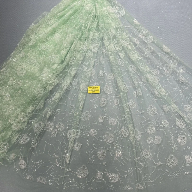 

10 Yards Green Patterned Wedding Dress Fabric Tull Spray Lace 150cm Wedding Party Spray gold Tull fabric