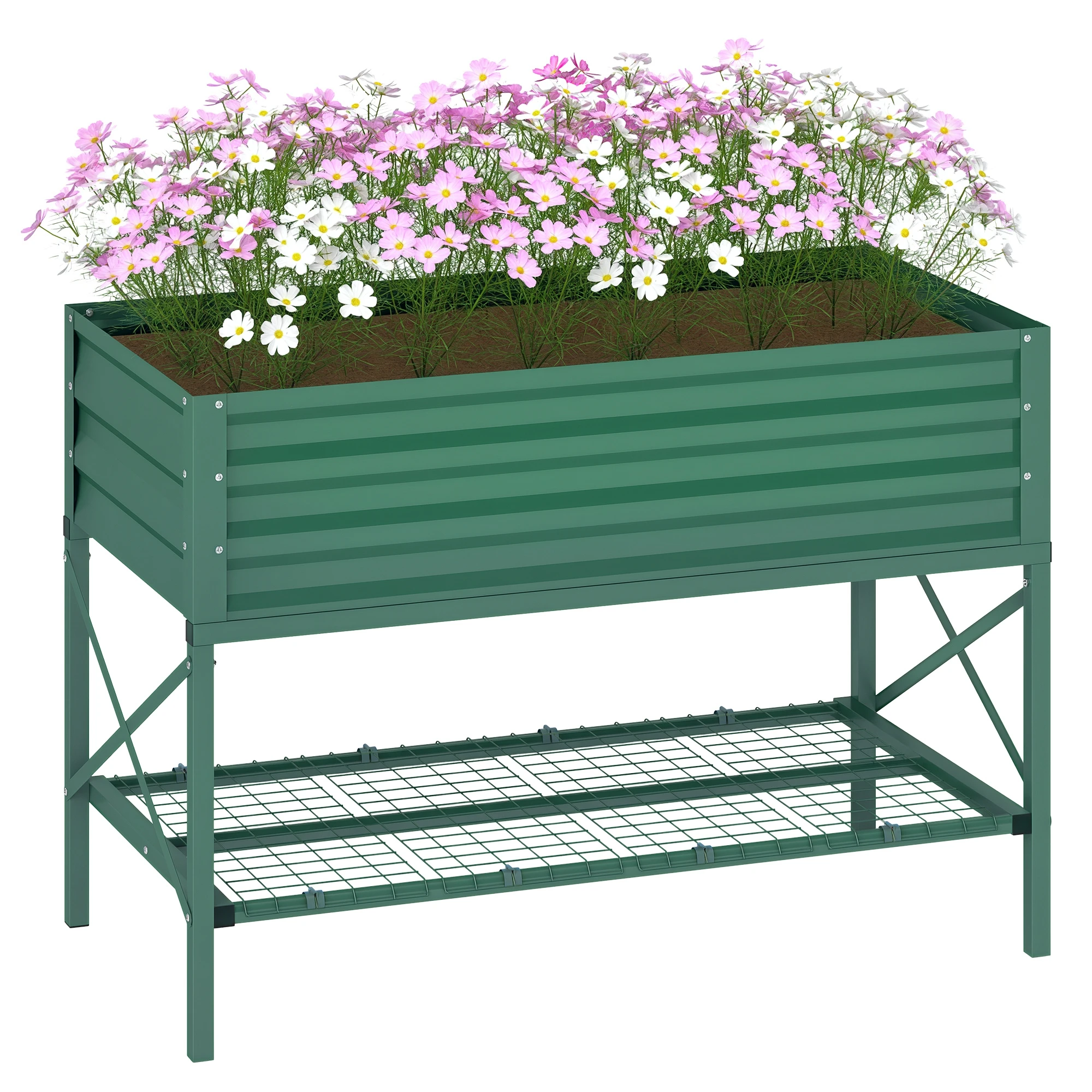 Outsunny Galvanized Raised Garden Bed with Legs and Storage Shelf, Cream
