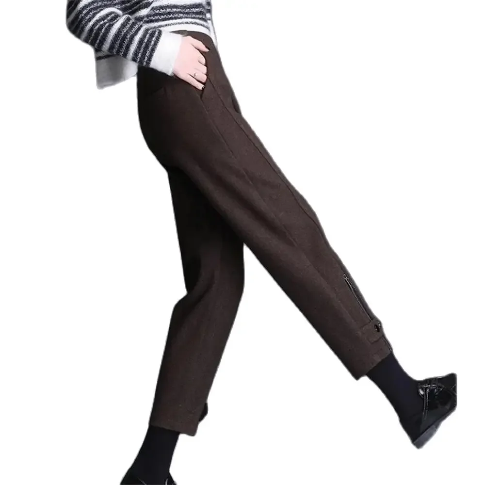 

2024 Woolen Pants New Women's Fashion Casual Office Lady High Waist Harem Trousers Ladies Cotton Black Blue Pants Clothing Thick