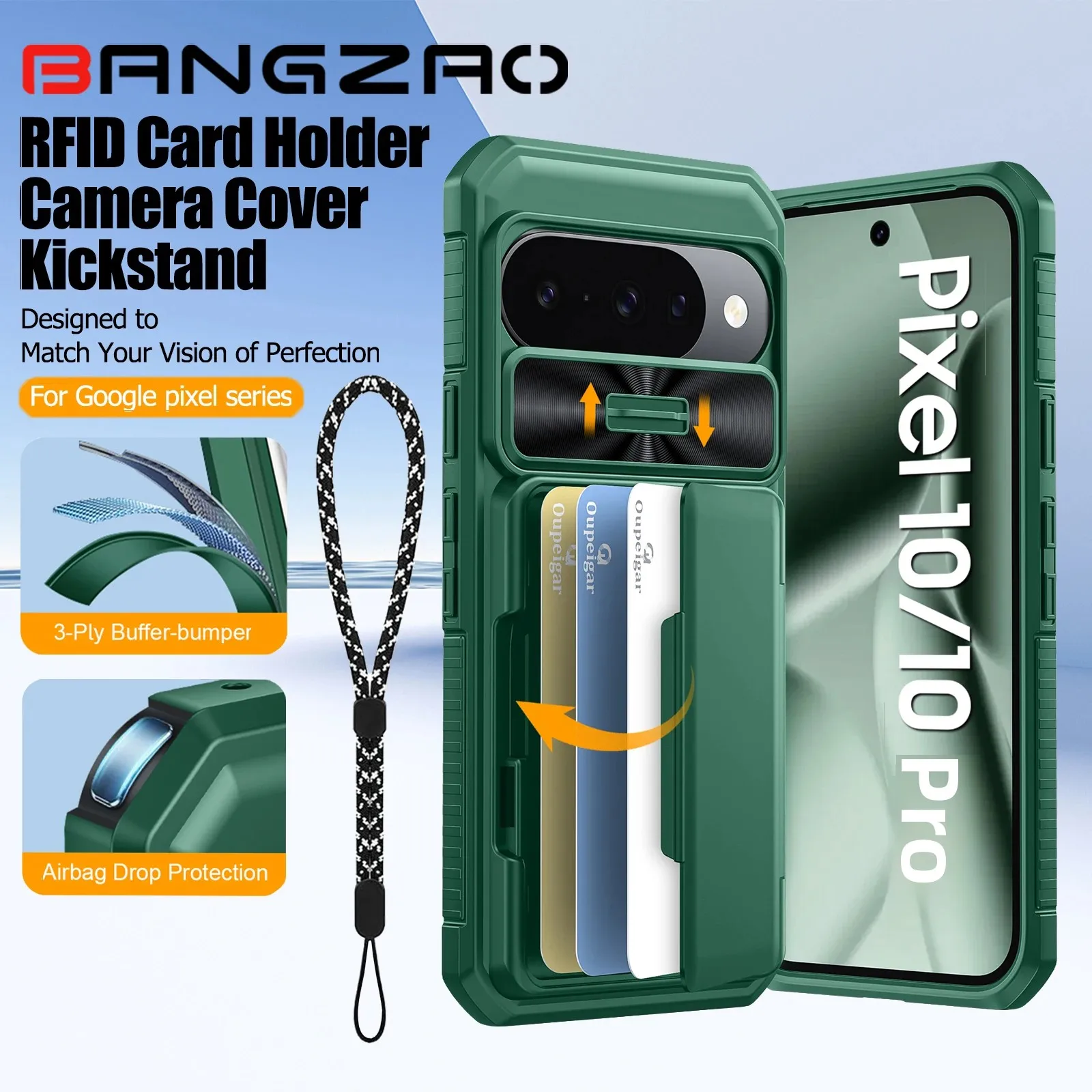 

for Google Pixel 10/10 Pro Case,Cards Holder,Camera Cover,Full Body Rugged Shockproof Silicone Protective Phone Case-Green