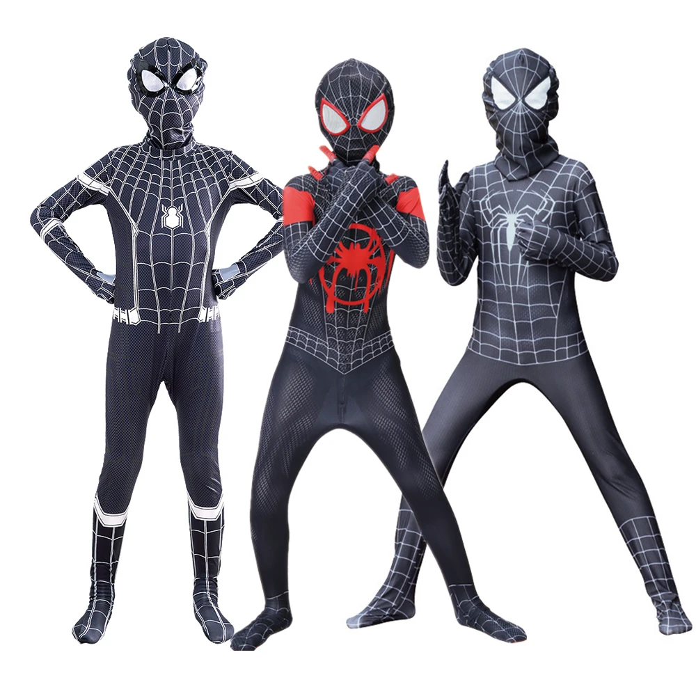 MARVEL Schwarze Spider-Man-Kostüme Blackening Spiderman Cosplay Bodys Overalls mit Kopfbedeckung Partykleidung Geburtstagsgeschenk