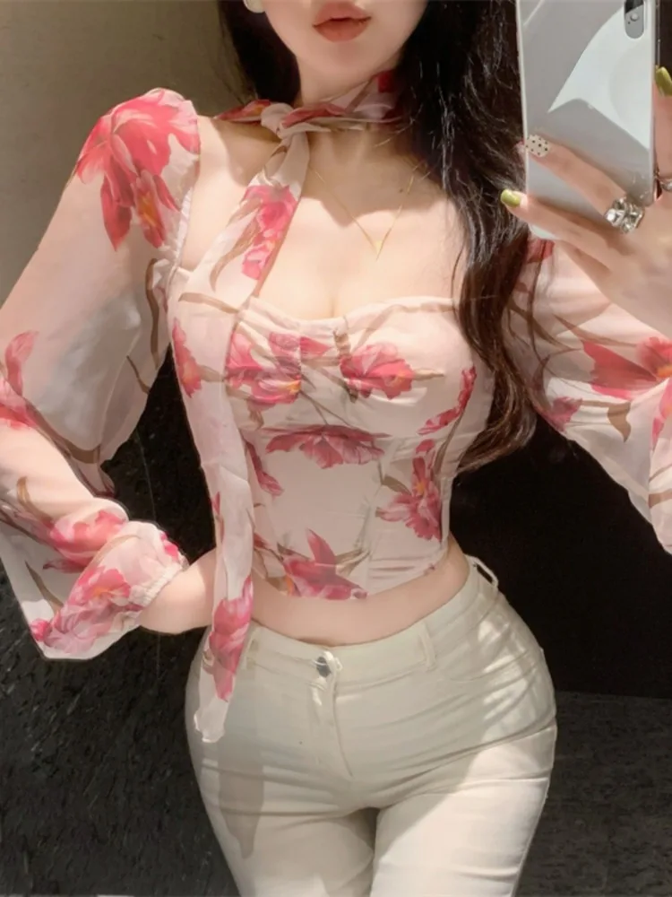 Ezgaga Sexy Blouse Women Elegant Floral Printed Square Collar Long Sleeve Crop Tops Vintage Sweet Ladies Shirts Casual