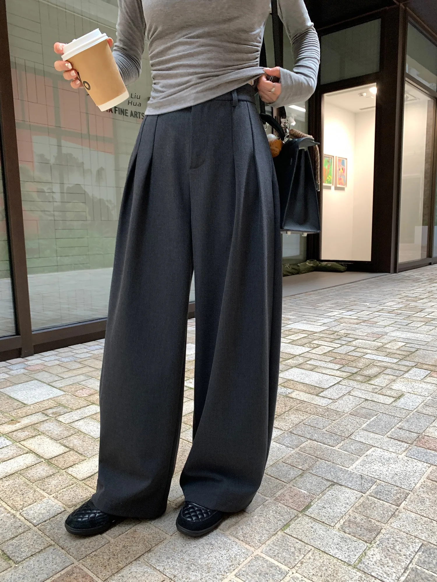 Pusumede Casual Suit Pants Women Loose Lazy Straight Leg Long Trousers Pleated Design Comfortable Polyester Fiber