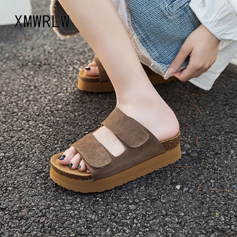 

XMWRLW 2025 женские тапочки из натуральной кожи, летняя обувь, модные женские тапочки на толстой подошве, женские летние туфли на липучке