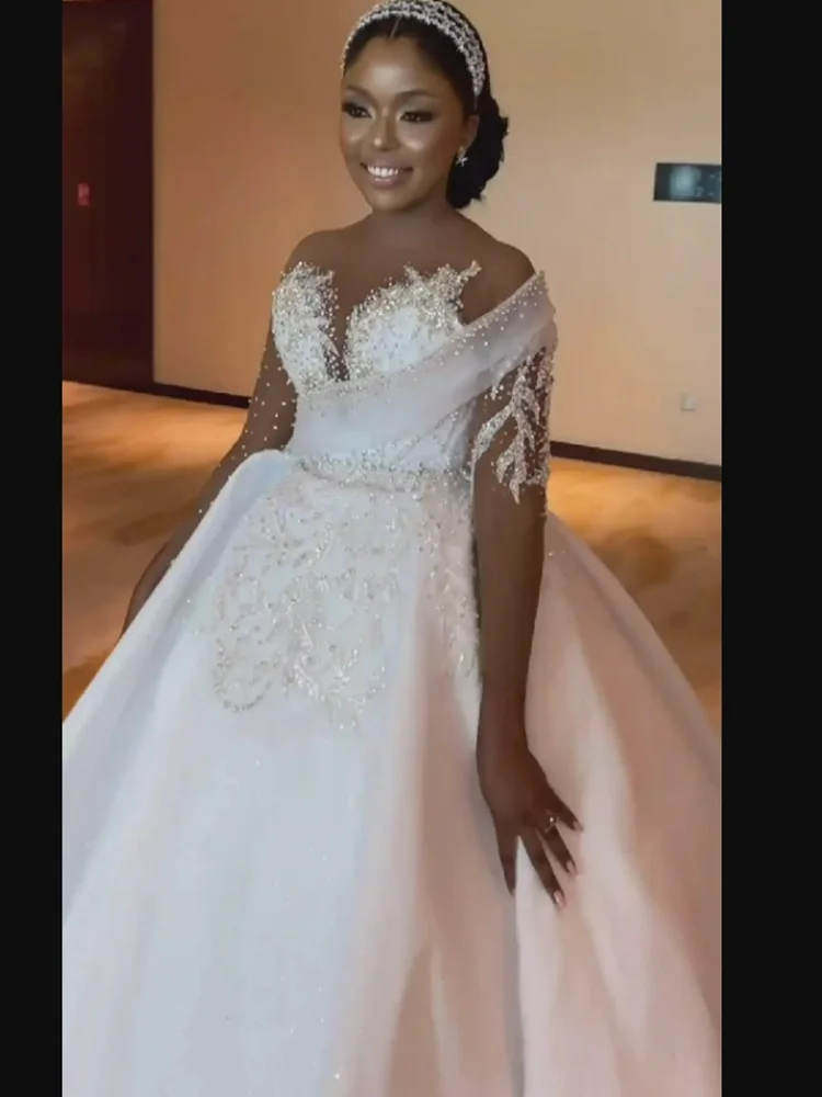 Robe De mariée personnalisée, col transparent, perles brillantes, Illusion De mariée, manches longues, Robe De bal africaine
