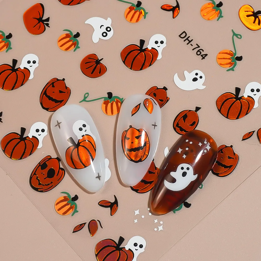 할로윈 네일 아트 스티커 호박 유령 거미 인쇄 자기 접착제 네일 데칼 재사용 가능한 네일 장식 스티커 매니큐어