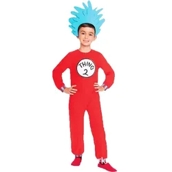 Dr. Seuss Thing 1 & Thing 2 Deluxe Costume Kids Red for Party Halloween Cosplay Jumpsuit