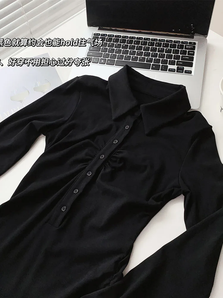 American Style Sports Style Polo Long Sleeve Slim Corset Dress Autumn Women New Black Design Sexy Pleated One-Piece Frocks Kpop