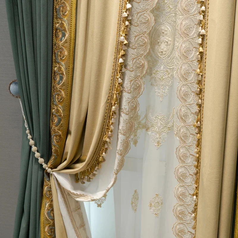 European Dark Green Luxurious Atmospheric French Blackout Velvet Solid Color Thickened Curtains for Living Dining Room Bedroom