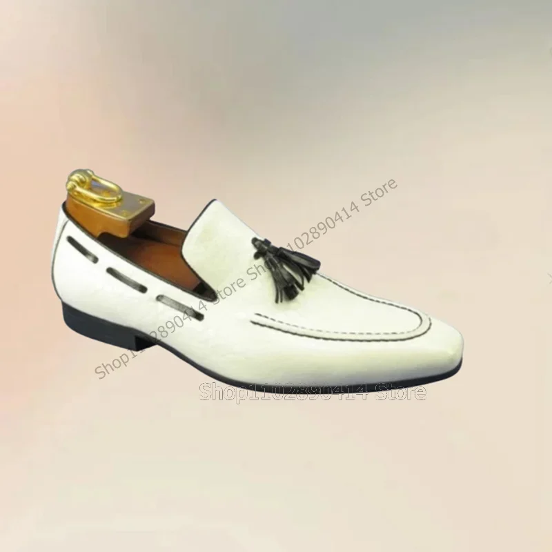 

White Knitted Tassels Decor Sewing Design Loafers Fashion Slip On Men Shoes Luxury Handmade Party Feast Office Men Casual Shoes
