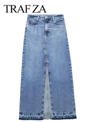 TRAFZA Women's Front Slit Blue Denim Skirt Pockets High Waist Slim Zipper Fly Midi Skirts 2023 Spring Female Casual Streetwear