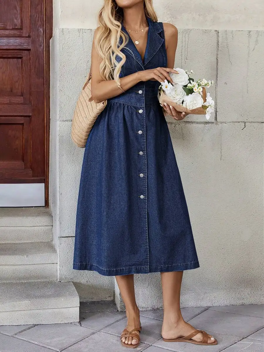 

Sleeveless Denim Dress With Button Front Casual Midi Dress For Women