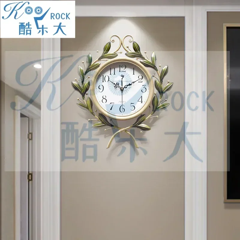 Pure Metal Gold Dial Wall Clock with Olive Branches, 50cm Silent Rustic Farmhouse Decorative Round White Numeral Clock