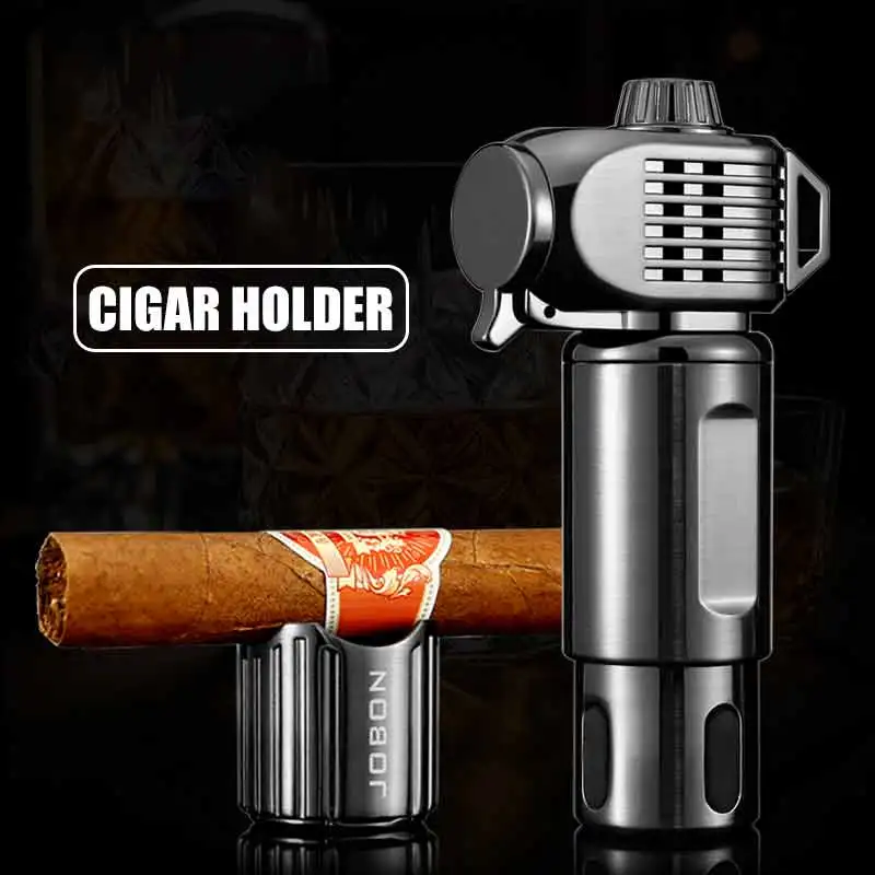 

JOBON Three Blue Flame Gun Lighter Safety Lock Design Cigar Cigarette Holder Adjustable Flame Bottom Cigar Cutter Ignition Tool