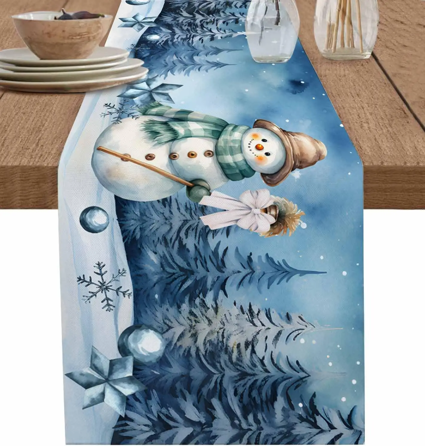 Christmas Blue Snowman Linen Table Runner Dress Scarves Winter Xmas Tree Snowflake Kitchen Table Runner Christmas Decorations