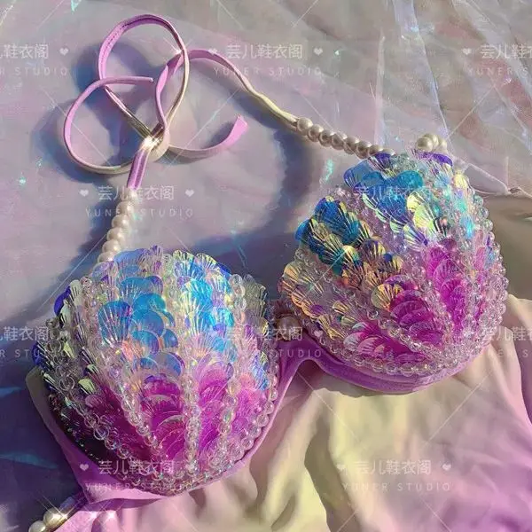 Mermaid Diving Costume Shell Sequin Bra Bikini Aquarium Show Spa Vacation Photo Split Bra Simulation Mermaid Bra