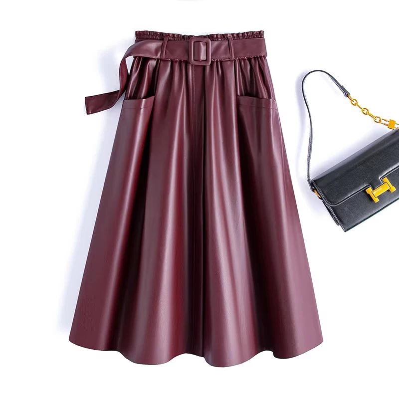 

Новая женская весенне-осенняя юбка из спилковой кожи, модная, эластичная, с высокой талией, А-силуэт, свободная, повседневная, простая, длинная юбка для женщин