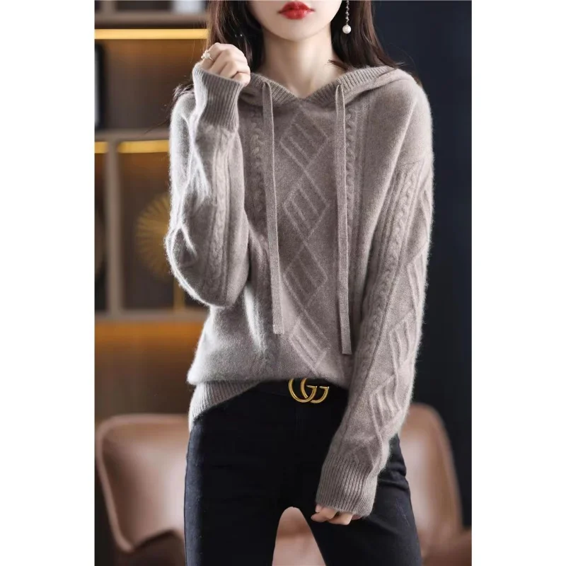 Pullover autumn and winter 2023 hooded knitwear fried dough twist sweater long sleeve women loose pullover knitting sweater