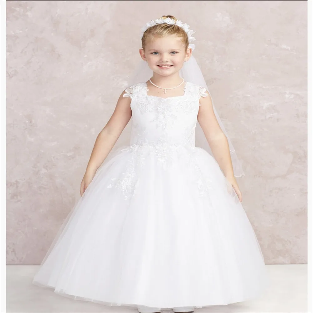 White Square Neckline Flower Girl Dresses With Lace Stickers Communion Birthday Party Custom Princess Children's Activity dress