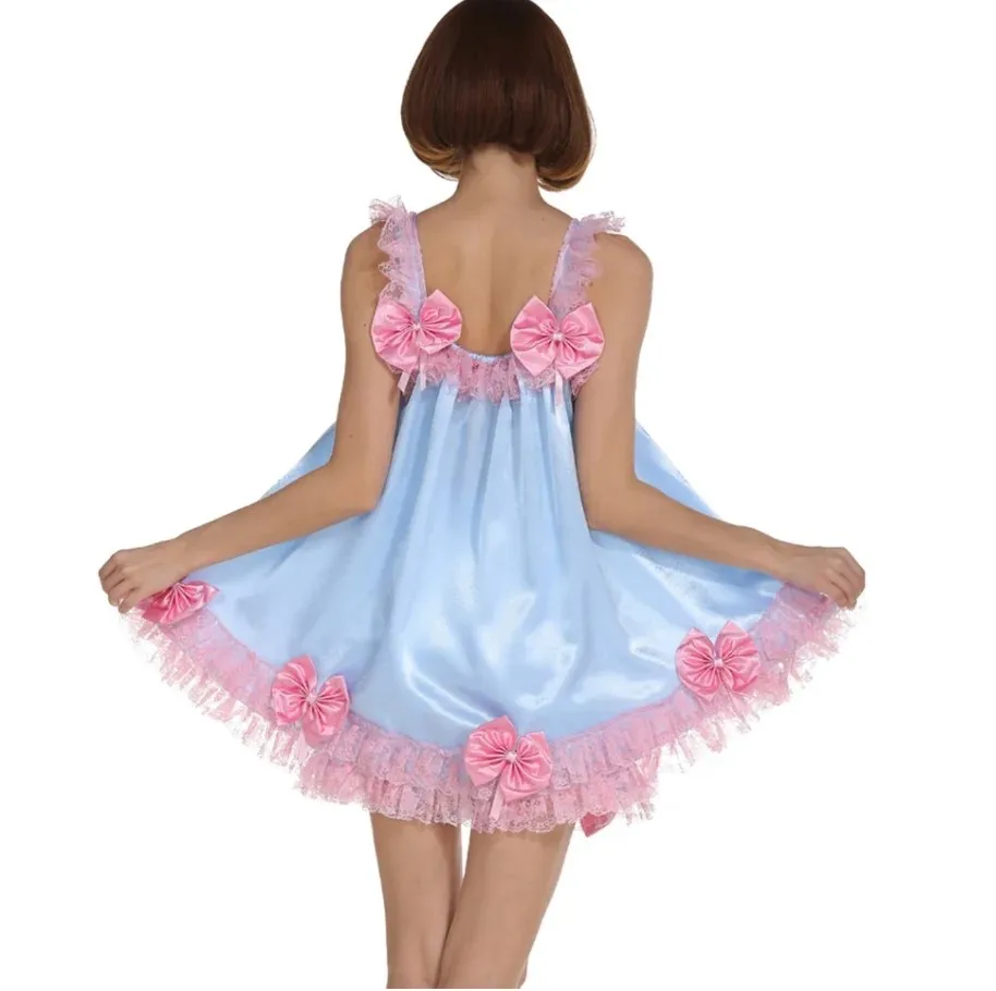 Sexy Sissy French maid blue satin lockable ruffle edge dress cosplay costume customizable
