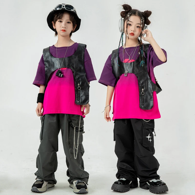 Girls Jazz Dance Costume Street Dancing Outfit Boys Hip Hop Outfit Loose T-Shirt Jogger Pants Kids Stage Kpop Clothing SL8570