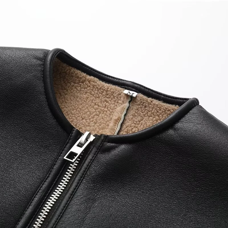 KEYANKETIAN Winter New Women's Round Neck Zipper Curled Edge Splicing Long Sleeve Fleece Imitation Leather Jacket Women Coat