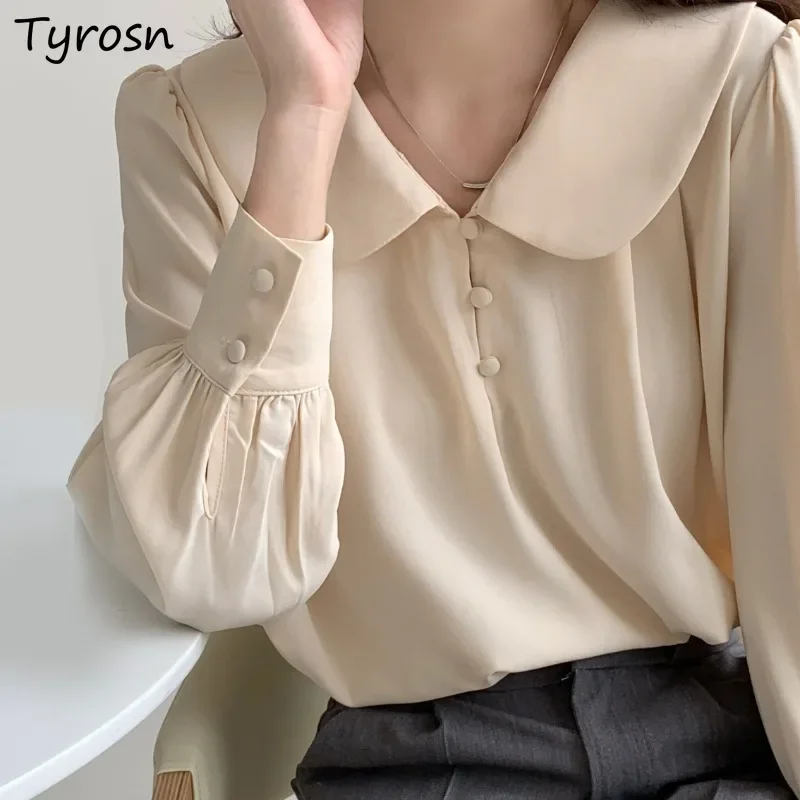 

Long Sleeve Shirts Women Loose Casual Peter Pan Collar Tops Sweet Fashion Chiffon Elegant Vintage Blouse Chic Ins Spring Autumn