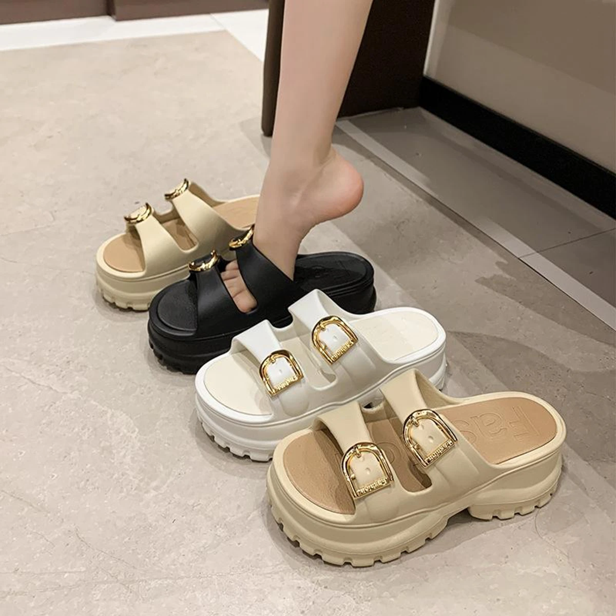 Soft High Heel Slipper Shoes for Women 2024 New Lady Button Slides Comfortable Summer Sandal Shoes for Women