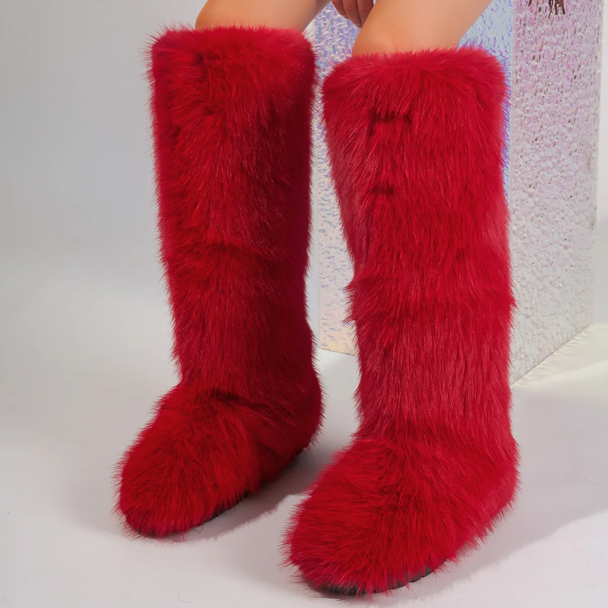 2024 Women Furry Faux Fox Fur Long Warm Shoes girls Winter Thigh High Fluffy Boots Ladies New Designer Plush Knee High Fur Boots