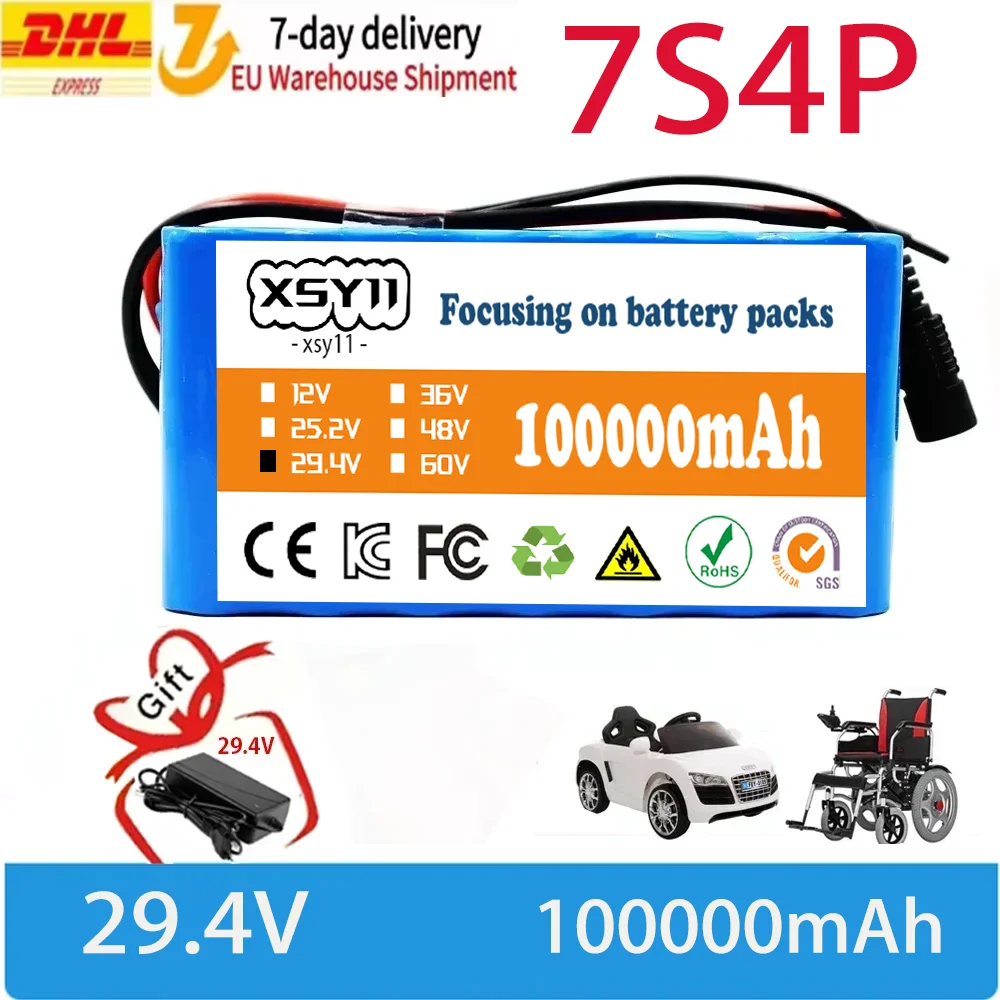 24V 7S4P 18650 Battery 100000mAh Electric Wheelchairs Rechargeable Lithium Ion Battery Pack 24v Lithium Battery 29.4V 2A Charger
