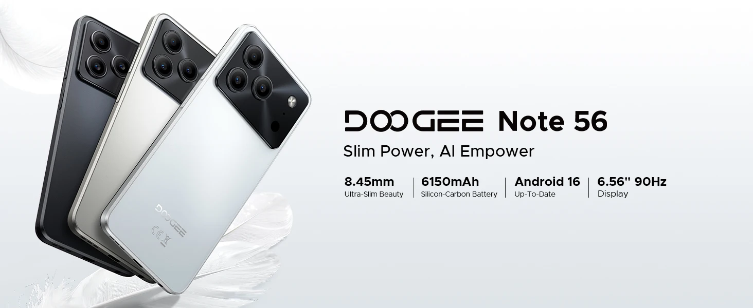 DOOGEE Note 56 Smartphone Android 16 6.56'' HD+ Screen 6150mAh Battery 24GB (3GB+21GB) RAM 64GB ROM UNISOC SC9863A Mobile Phone