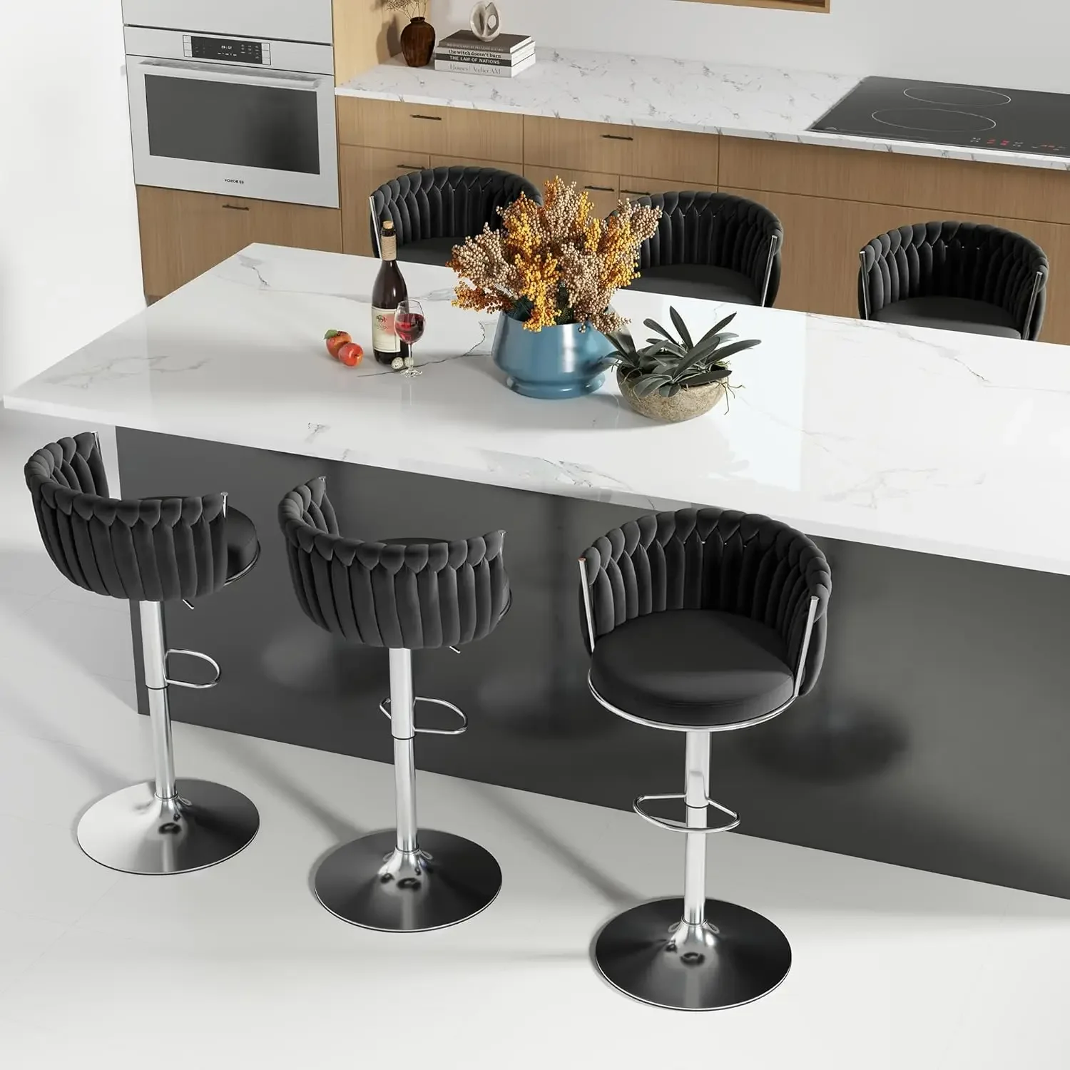 [Limited Stock, Buy Now!]Silver Bar Stool Set of 6, Velvet Swivel Barstools, Height Adjustable Counter Stools with Woven Backres