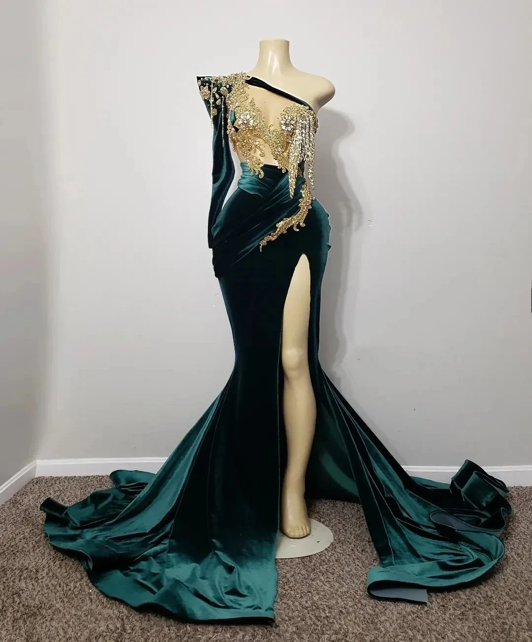 Teal African American Prom Dresses Mermaid One-shoulder Velvet Beaded Black Girls Nigeria Saudi Arabia Evening Dresses Gown